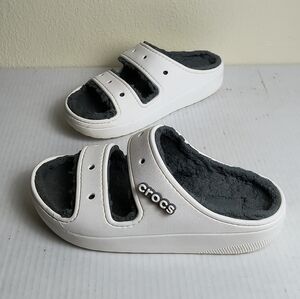CROCS Classic Cozzzy Women's White and Gray Fuzzy Sandals Unisex W/8 M/6